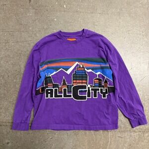 Just Don All City Mens Purple Long Sleeve‎ Graphic T-Shirt Size Large Skyline